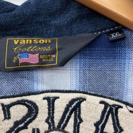  VANSON バンソン ×T.F.O.Aバック刺繍 DEATH RABBIT デニム×チェック 半袖シャツ XXL ブルー