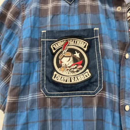  VANSON バンソン ×T.F.O.Aバック刺繍 DEATH RABBIT デニム×チェック 半袖シャツ XXL ブルー