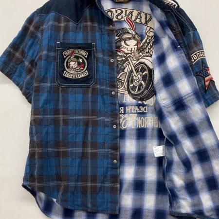  VANSON バンソン ×T.F.O.Aバック刺繍 DEATH RABBIT デニム×チェック 半袖シャツ XXL ブルー