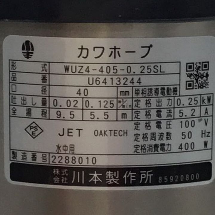 川本製作所(KAWAMOTO) 海水用チタン製水中ポンプ 2玉 自動型 単相100V 三相200V 未使用品 WUZ4 -405-0.25SL｜中古｜なんでもリサイクルビッグバン