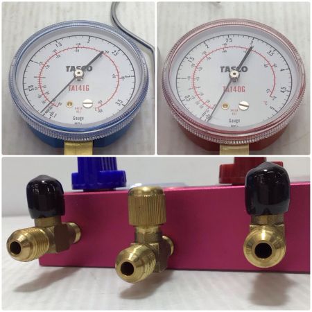  イチネンTASCO マニホールド 程度B チャージホース3本・チャージバルブ1個・ケース付 R410A/R32 TA122FA