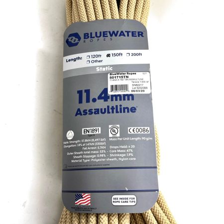  BLUEWATER 登山 クライミングロープ ザイル 150ft 11.4mm Assaultline スタティックロープ 未使用品(S)