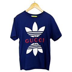  GUCCI グッチ adidasコラボ ロゴプリント半袖Tシャツ ネイビー SIZE XS メンズ 箱有 Bランク