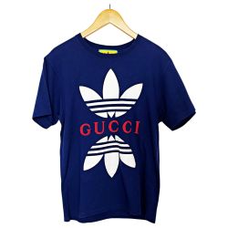 ☆☆ GUCCI グッチ adidasコラボ ロゴプリント半袖Tシャツ ネイビー SIZE XS メンズ 箱有 Bランク