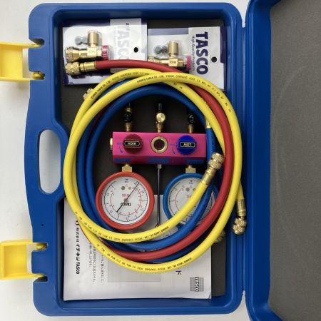 ЗЗ イチネンTASCO マニホールドセット ホース チャージバルブx2付 TA122FB ブルー