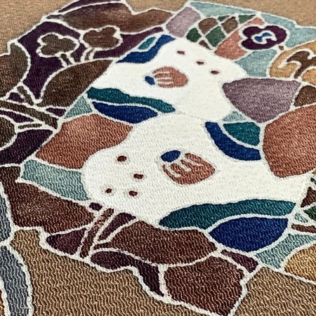   着物 帯 三通柄 名古屋帯 ちりめん 茶系  ブラウン