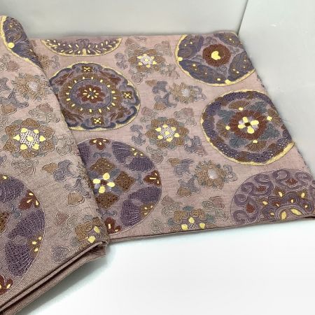   着物 帯 袋帯 紬 六通柄 華文 丸刺繍 汕頭刺繍　蘇州刺繍　相良刺繍 バイオレット