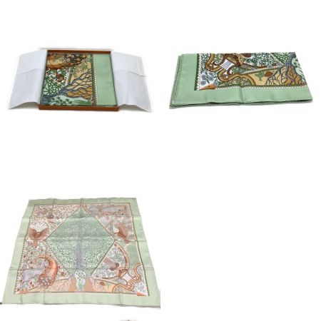  HERMES エルメス スカーフ シルク 世界の中心軸 カレ90 グリーン系 黄緑